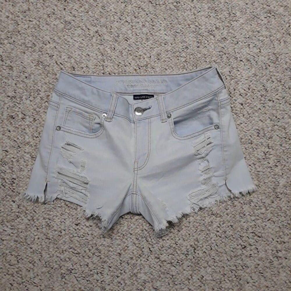 4x3 American Eagle 90s Midi Super Super Stretch Ripped Raw Fray Hem Shorts